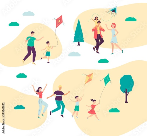 Families with children having joyful vacation in park, flat vector illustration.