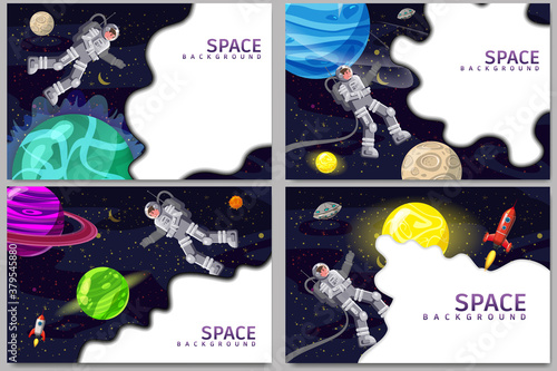 Set Space card backgrounds with spaceman, rocket, UFO, sun, stars. Austronaut panoramic space templates