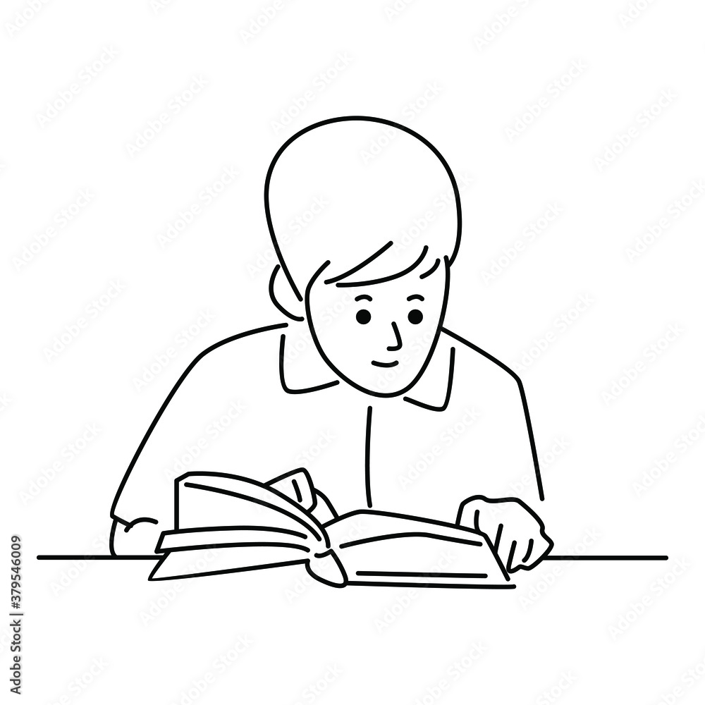 Boy studying, line art illustration Boy studying, line art illustration