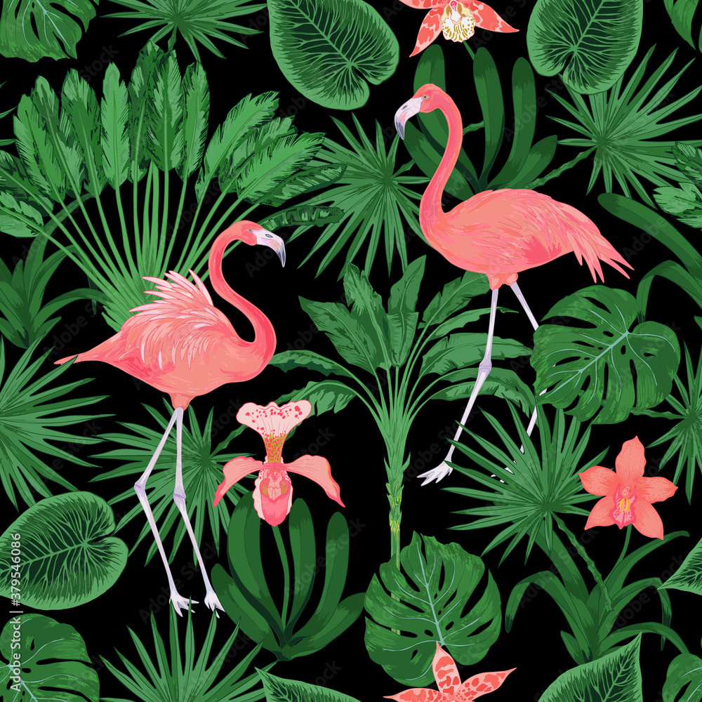 Fototapeta premium Tropical vector seamless pattern with flamingo bird and orchid flower, banana tree, ravenala tree on black background 