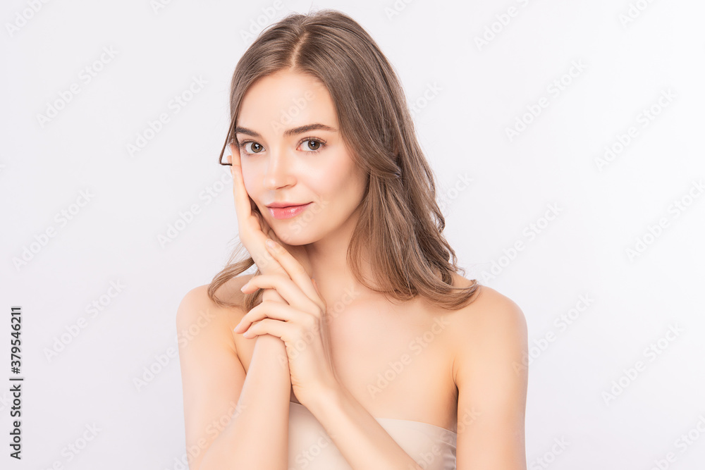 Beautiful Young Woman With Clean Fresh Skin on white background, Face care, Facial treatment. Cosmetology, beauty and spa. women portrait. Beautiful Young Woman With Clean Fresh Skin on white background, Face care, Facial treatment. Cosmetology, beauty and spa. women portrait.