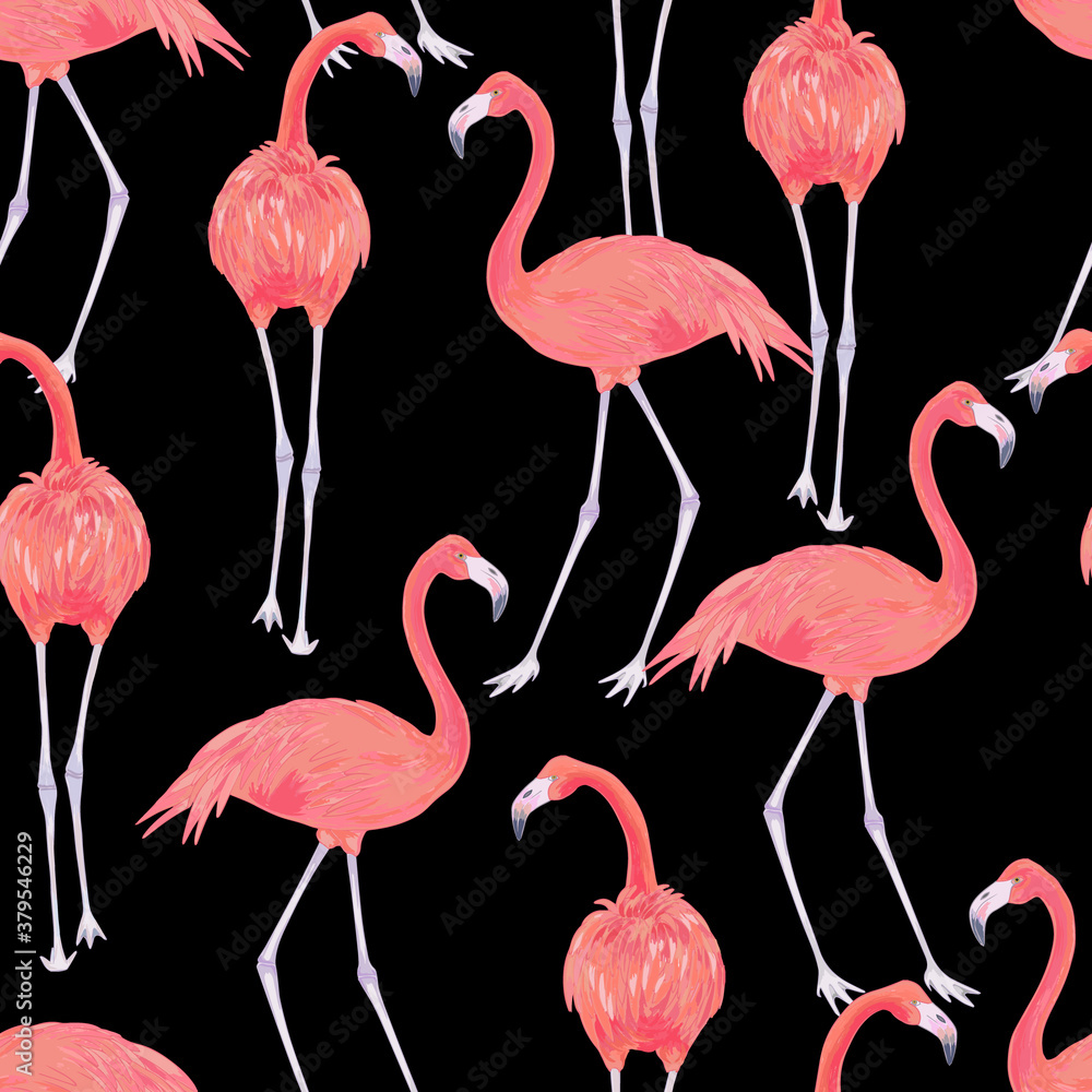 Obraz premium Vector with watercolor effect illustration of pink flamingo bird seamless pattern.