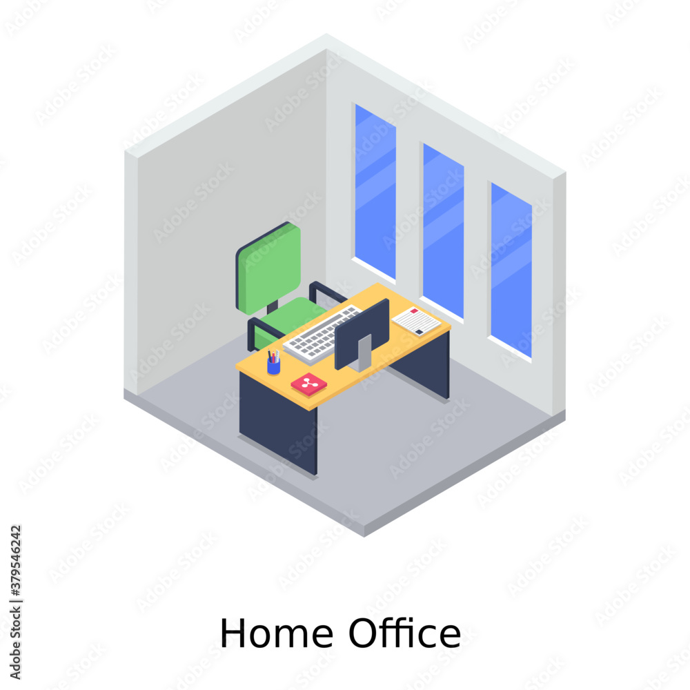 
Employee desk, home office in isometric editable style 
