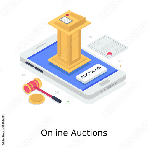 
Online auction concept design, isometric vector 
