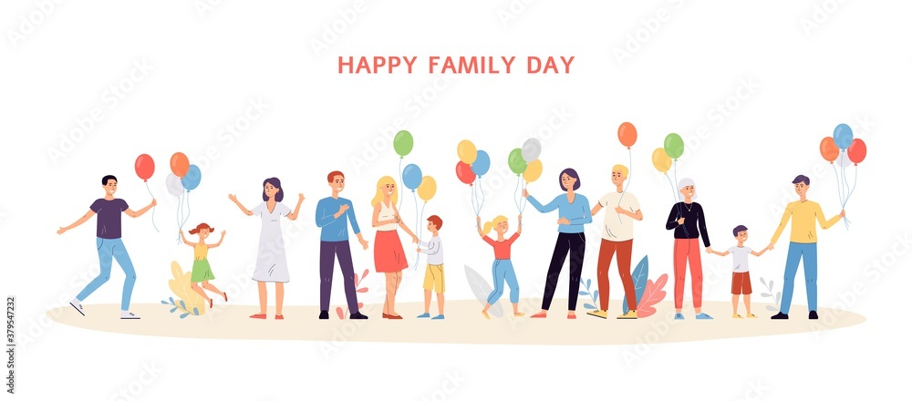 Family day banner with smiling people holding balloons flat vector illustration.
