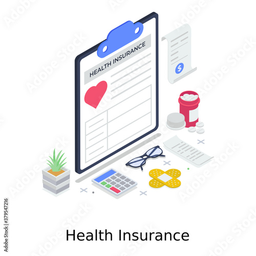 
Health insurance illustration, heart care report in isometric style 
