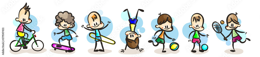 Collection of happy cartoon kids, colored hand drawn doodle outline style Collection of happy cartoon kids, colored hand drawn doodle outline style