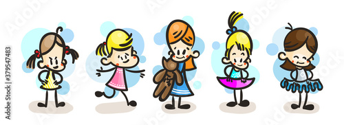 Collection of happy cartoon kids, colored hand drawn doodle outline style