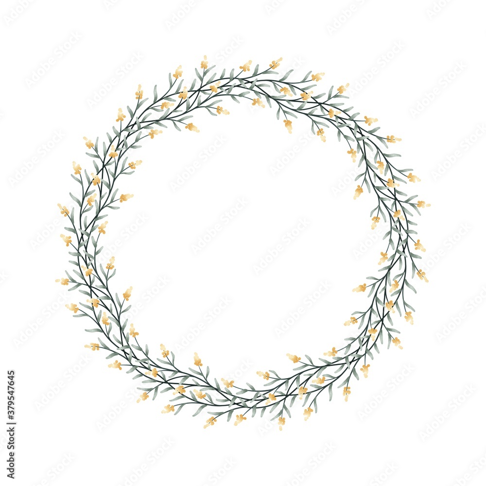 Watercolor digital illustration. Botanical wreath of green branches and leaves with flowers and polka dots. Floral Design elements. Watercolor digital illustration. Botanical wreath of green branches and leaves with flowers and polka dots. Floral Design elements.