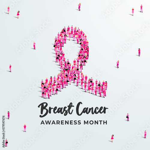 Breast cancer awareness month design or concept. Pink ribbon made of people crowd. Vector illustration.