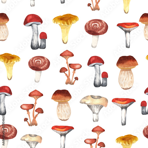 Watercolor illustration of edible mushrooms. Seamless pattern on a white background