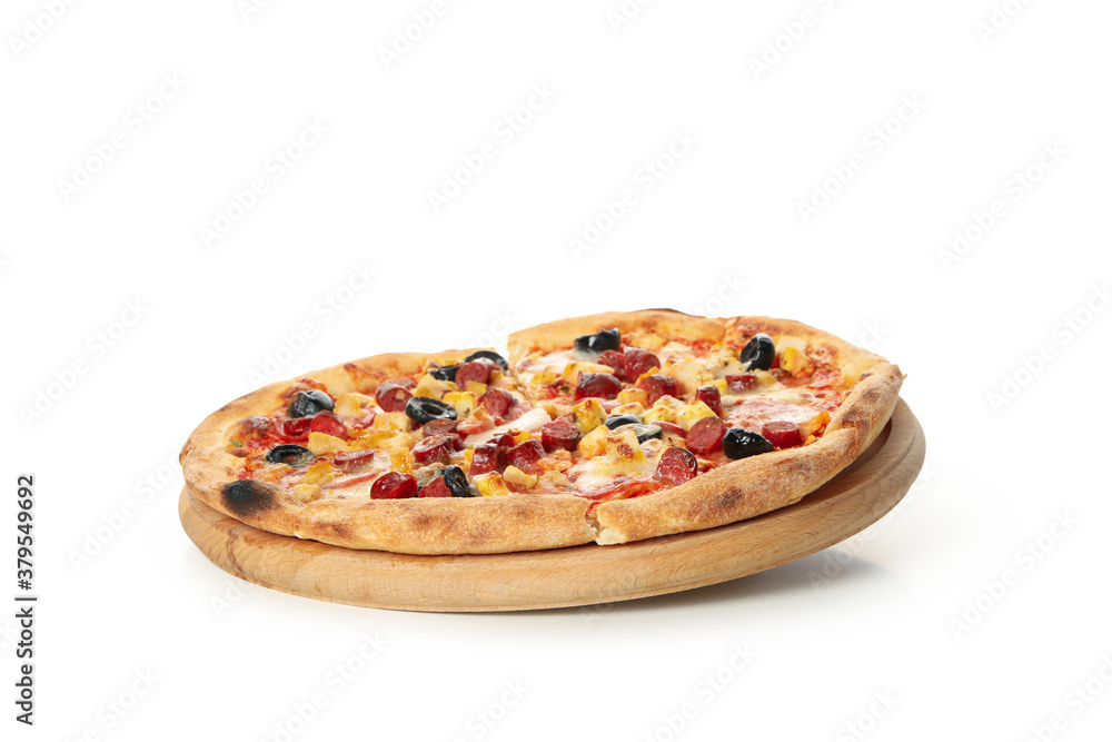 Board with pizza isolated on white background