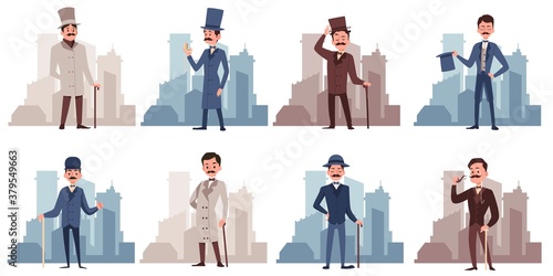 Gentlemen dressed in 19th century fashion, flat vector illustration isolated.