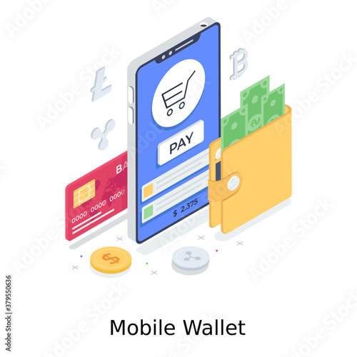 

Design of digital wallet, isometric illustration of online payment storage, mobile wallet 
