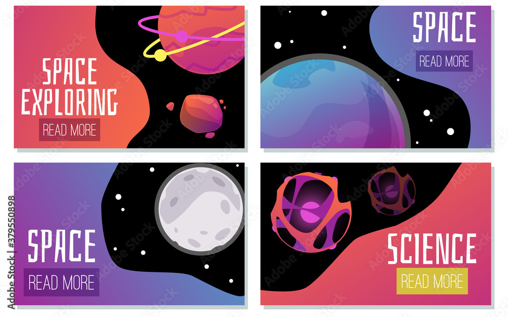 Space exploring banners set with planets and stars flat vector illustration.