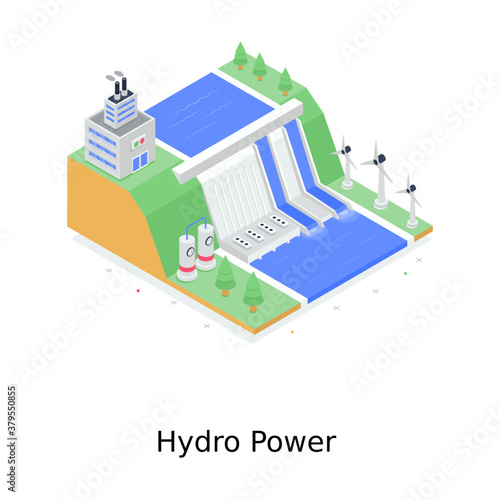 
Hydro power illustration in isometric style, water dam 
