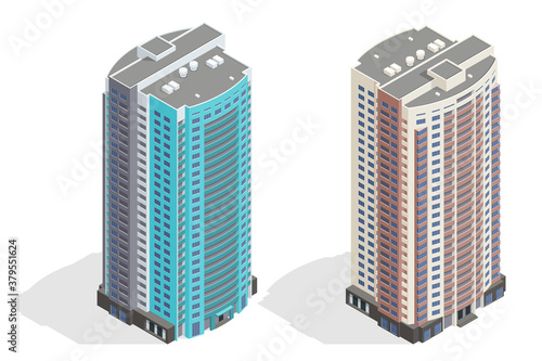 Isometric facade of a multi-storey buildin. Buildings and modern city houses. New residential buildings.