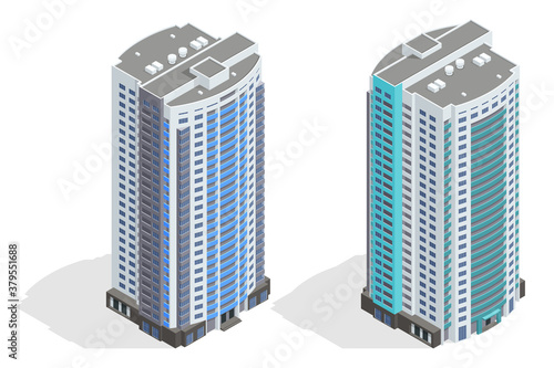 Isometric facade of a multi-storey buildin. Buildings and modern city houses. New residential buildings.
