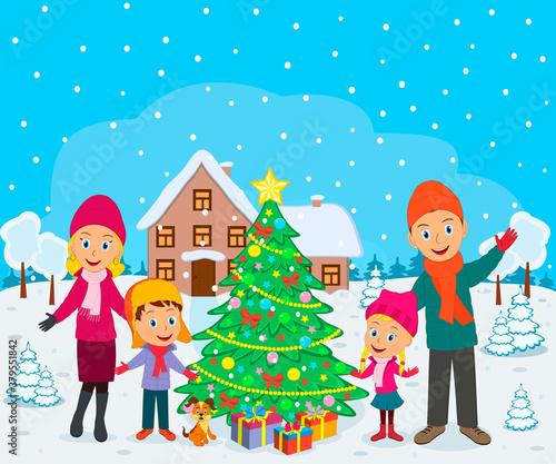 happy family, boy,girl,  parents and christmas tree on the winter background