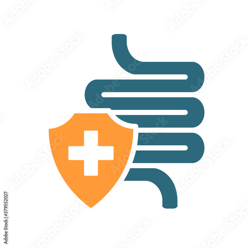 Healthy protected intestine colored icon. Digestive tract treatment, first aid for bowel diseases symbol