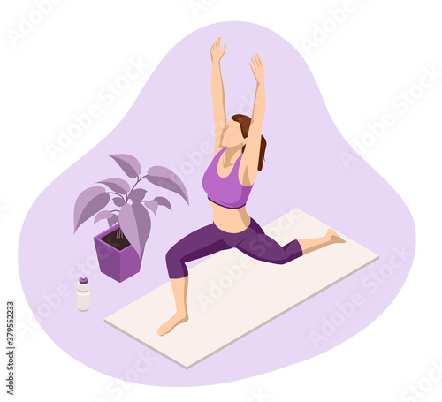 Isometric sporty young woman doing yoga practice. Healthy life concept.