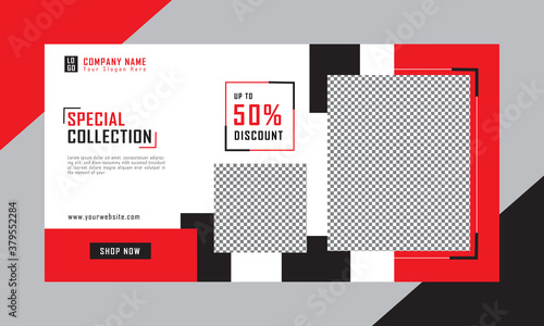 Special collection social media banner template with landscape mode. Red and black color banner