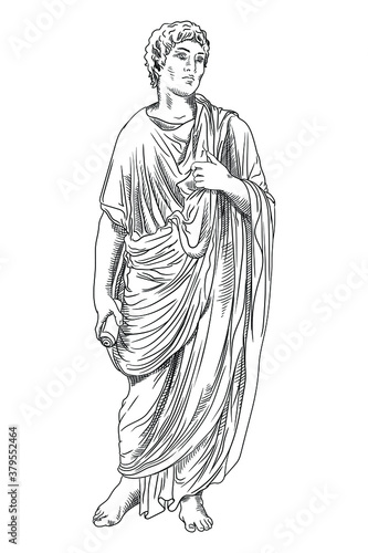 A young man in an ancient Greek tunic with a papyrus scroll in his hand reads a poem and gestures.