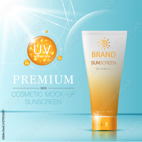 Hydrating facial sunscreen for annual sale or festival sale. orange and gold sunscreen mask bottle isolated on glitter particles background. Graceful cosmetic ads, illustration.