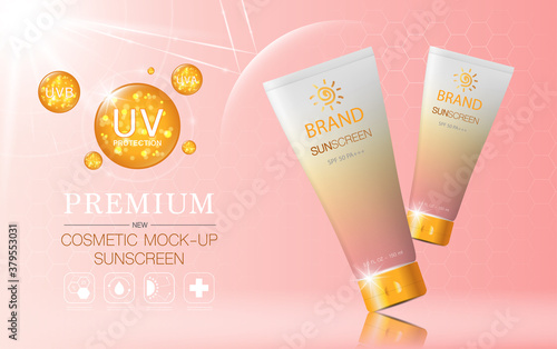 Hydrating facial sunscreen for annual sale or festival sale. orange and gold sunscreen mask bottle isolated on glitter particles background. Graceful cosmetic ads, illustration.