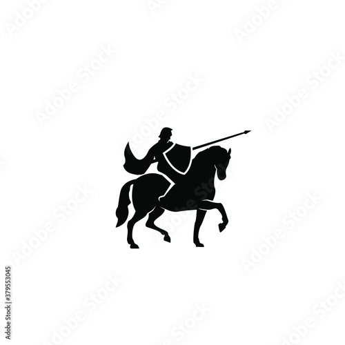 A war knight soldier dressed in armor goes to war with his horse logo icon design flat vector template illustration silhouette white background