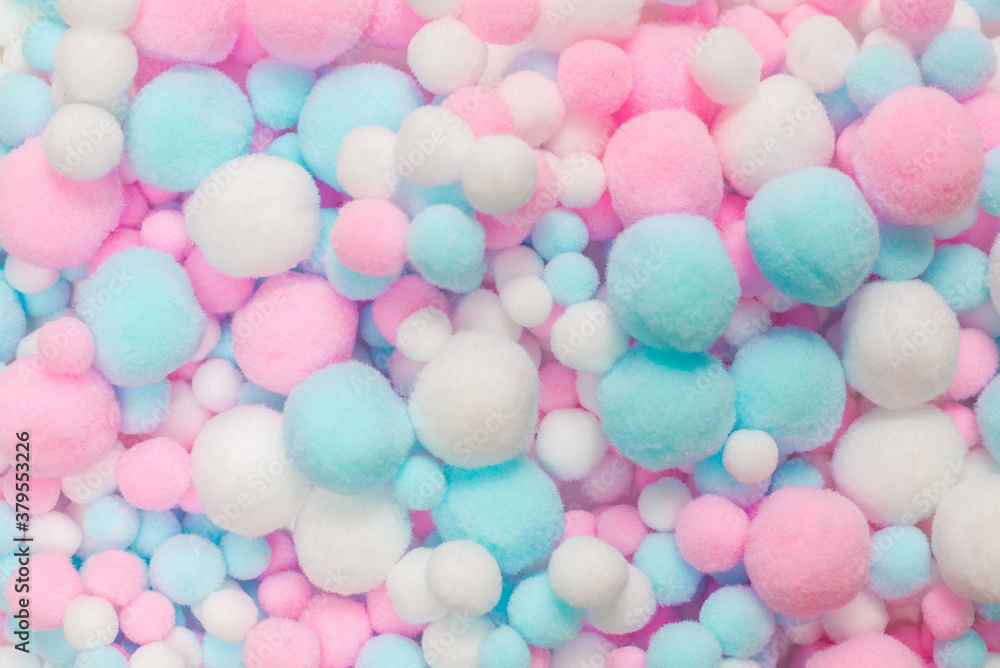 White, pink and blue soft pompons White, pink and blue soft pompons