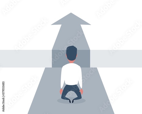 Business challenge and solution vector concept with businessman standing on the knees over big gap. Symbol of overcoming obstacles, strategy, analysis, creativity. vector illustration.