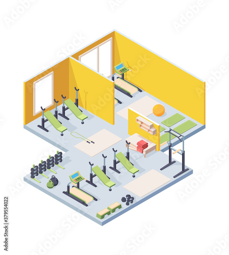 Fitness gym interior isometric illustration. Lighted room with cardio equipment sun loungers barbells comfortable yoga cots trestle beds relaxing with towel active healthy lifestyle. Vector concept.