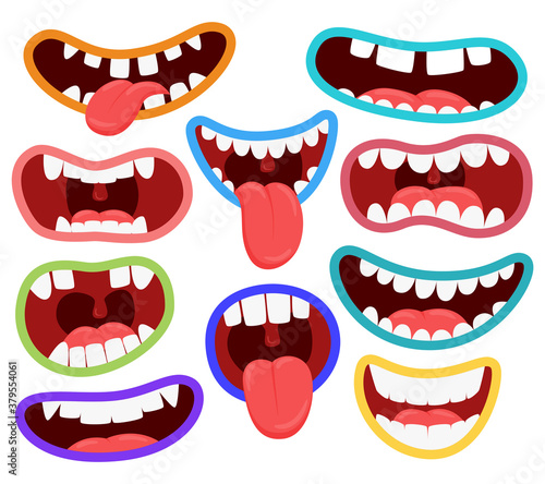 Variations of the mouths of monsters. Funny mouths with teeth and tongue sticking out. A set of different mouths. Children's entertainment color illustration. Vector elements isolated on white