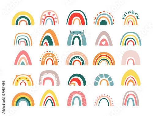 Childrens rainbow abstract large set. Creative doodle textures handdrawn colored half rings minimalistic scandinavian style colorful curved lines in shape of cats head hearts. Cartoon vector.