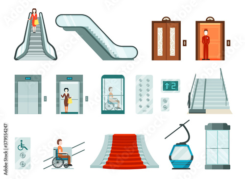 Elevators and lifts set. Wheelchair lifts electric cable car modern stair lifts used in metro shopping malls high airport stairs moving steps special stylish glass metal design. Vector move clipart.