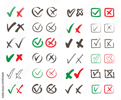 rosses heck marks set. Choosing right wrong public poll symbols positive negative voting form yes and no in round color square contours general voting political economic. Vector referendum.