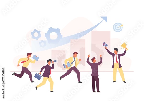 Team business competition concept. Group manager characters running towards main career prize growing financial performance and achievements increased personal investment new position. Flat vector. photo