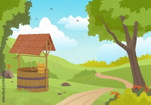 Wooden water well in forest illustration. Picturesque old spring with canopy and bucket on rope standing green meadow along road calm summer countryside trees flowers. Vector cartoon traditions.