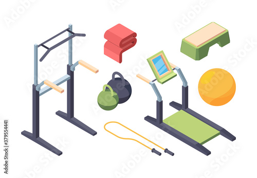 Fitness exercise equipment isometric set. Swedish wall with crossbar handles chinups modern treadmill monitor heavy hand weights aerobics ball and jump rope green support. Vector isometric sport.