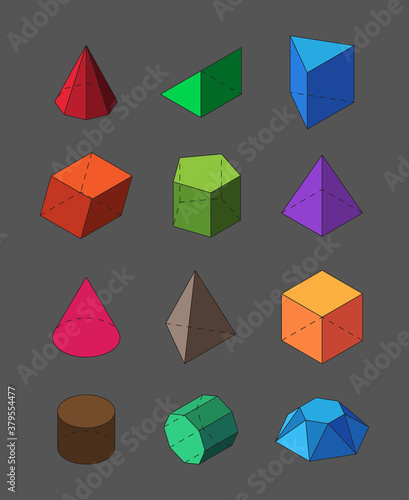 Geometric shapes isometric set. Pyramidal red polygons orange squares and rectangles polyhedral diamond crystals purple triangles and cylinders trendy spherical octahedrons. Vector element.