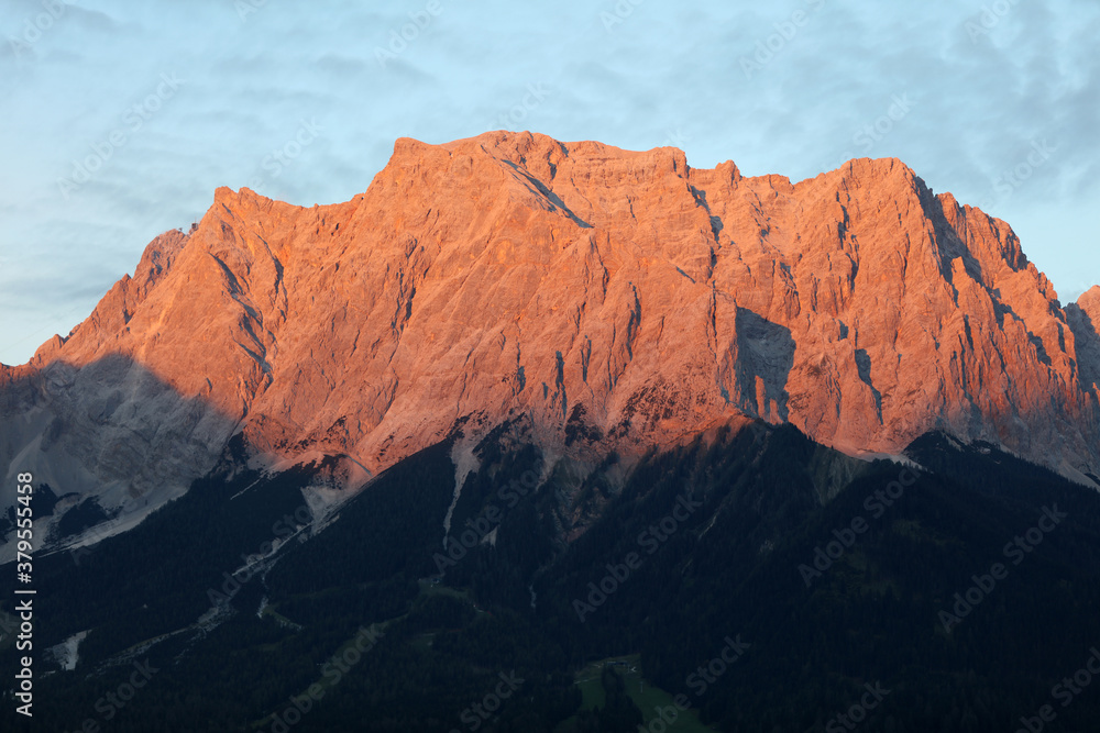 Zugspitze Mountain glowing seen from Lermoos. Tyrol. Austria