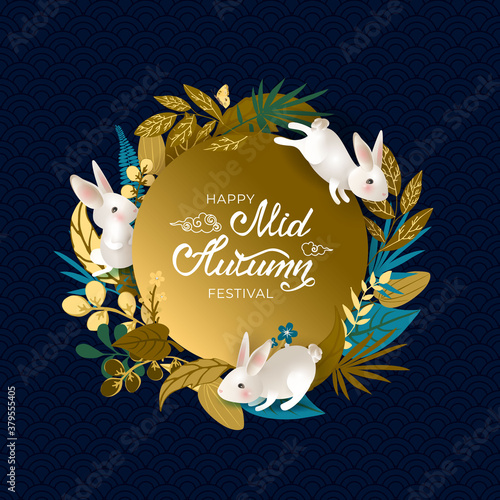 Happy Mid Autumn Festival. Card with cute white hares and full moon. Banner with rabbits, hand drawn lettering, flowers, golden fall leaves, asian pattern on blue background. Vector illustration.