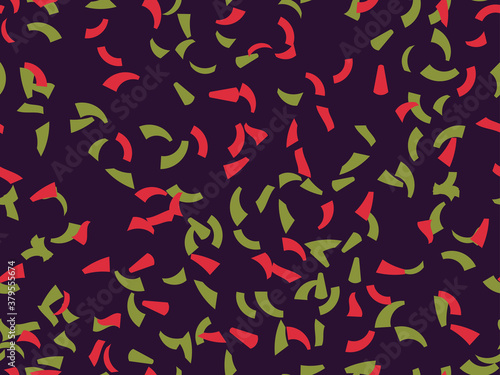 Confetti seamless pattern, green and red flying particles on a dark background. Christmas colors. Vector illustration
