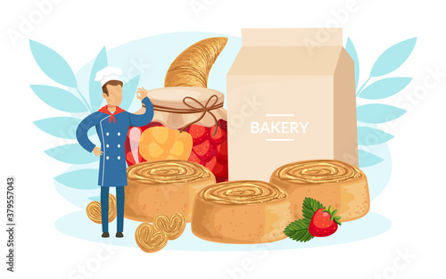 Tiny Chef Character Cooking Delicious Desserts, Bakery, Confectionery and Pastry Food Production Concept Cartoon Vector Illustration