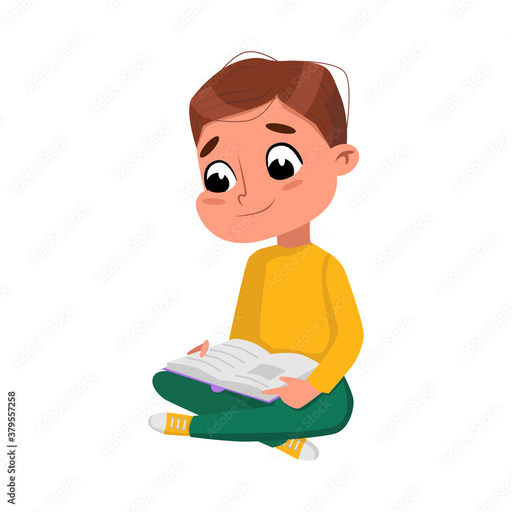 Cute Boy Sitting on Floor with Crossed Legs and Reading Book, Preschooler Kid or Elementary School Student Enjoying Literature Cartoon Style Vector Illustration Cute Boy Sitting on Floor with Crossed Legs and Reading Book, Preschooler Kid or Elementary School Student Enjoying Literature Cartoon Style Vector Illustration