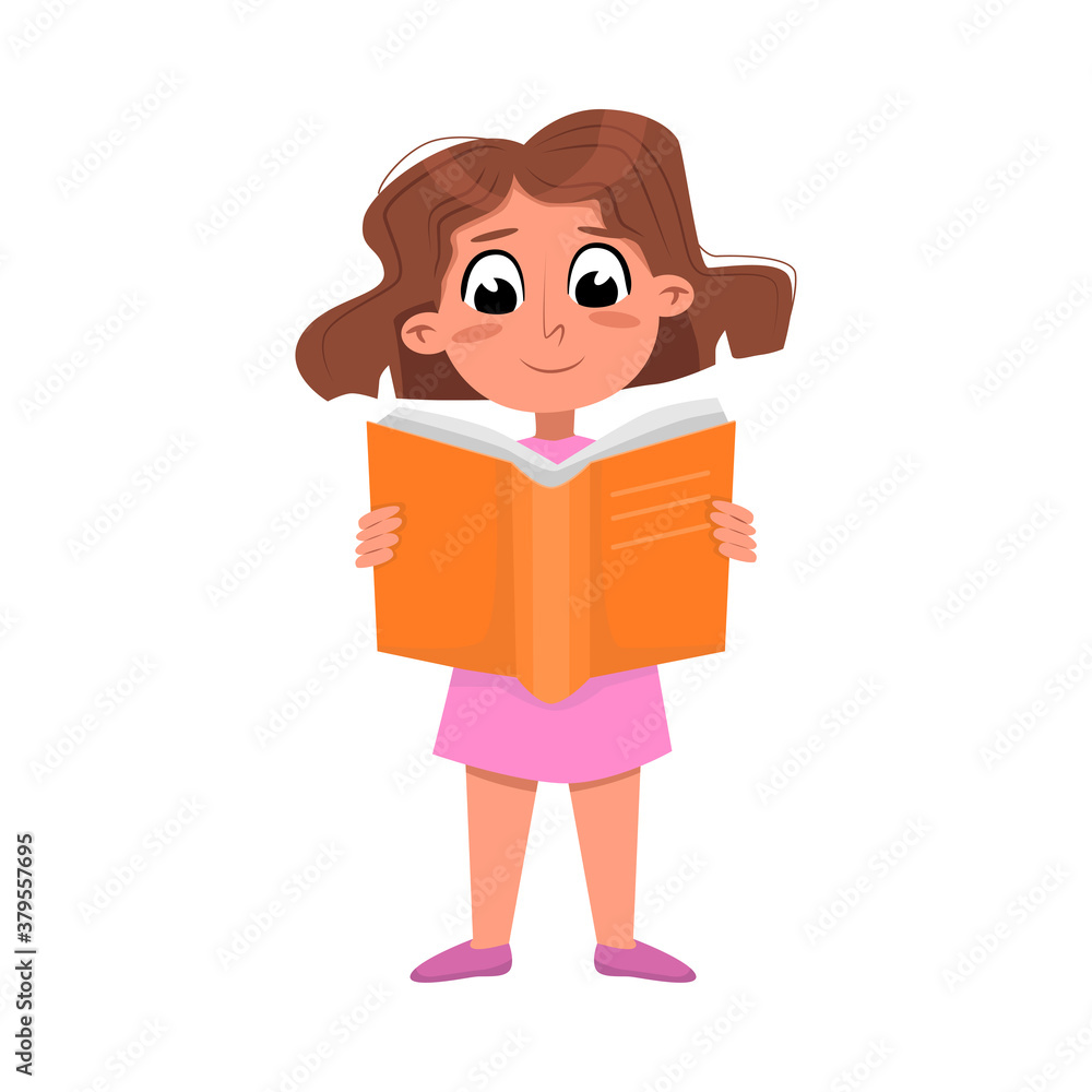 Lovely Girl Reading Book while Standing, Preschooler Kid or Elementary School Student Enjoying Literature Cartoon Style Vector Illustration Lovely Girl Reading Book while Standing, Preschooler Kid or Elementary School Student Enjoying Literature Cartoon Style Vector Illustration