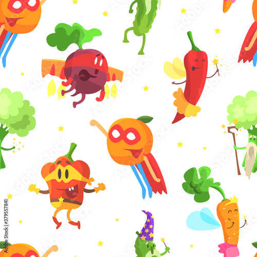 Fototapeta Naklejka Na Ścianę i Meble -  Superhero Vegetables Seamless Pattern, Funny Vegetables Dressed in Superhero Costumes Backdrop, Wallpaper, Packaging, Textile Design Cartoon Vector Illustration