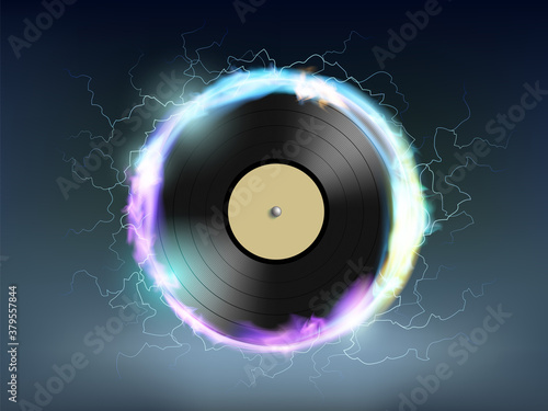 Music vinyl record disc with electric discharges.