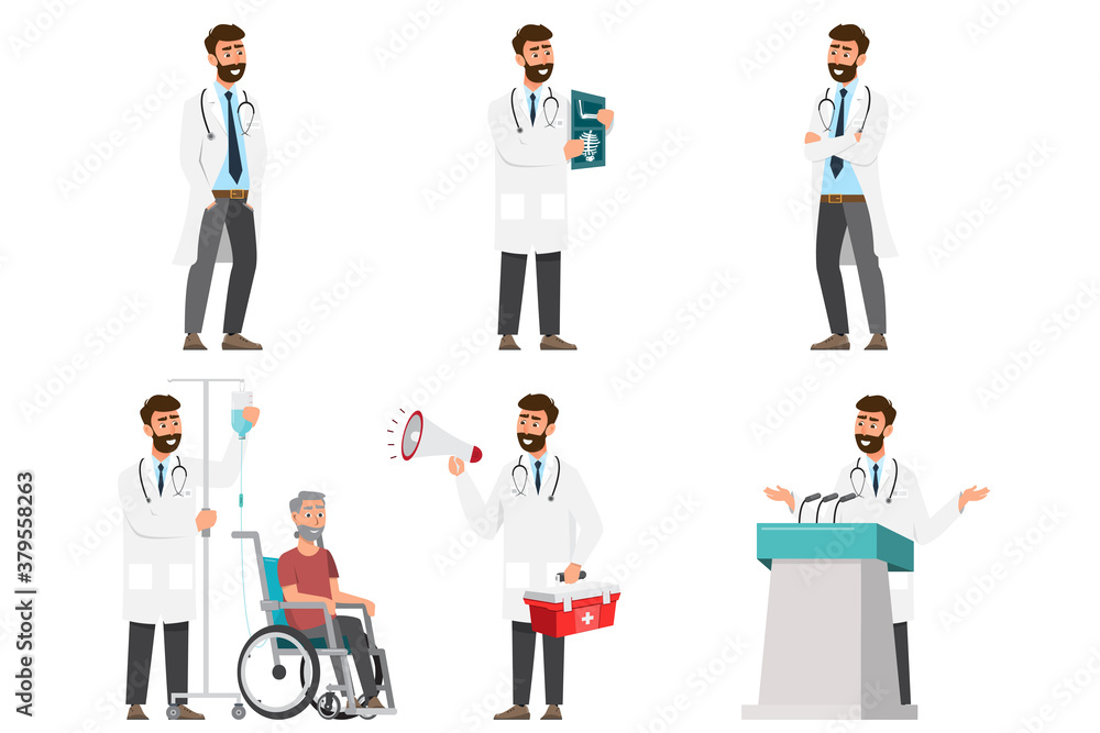 Set of doctor cartoon characters. Medical staff team concept in hospital. Set of doctor cartoon characters. Medical staff team concept in hospital.